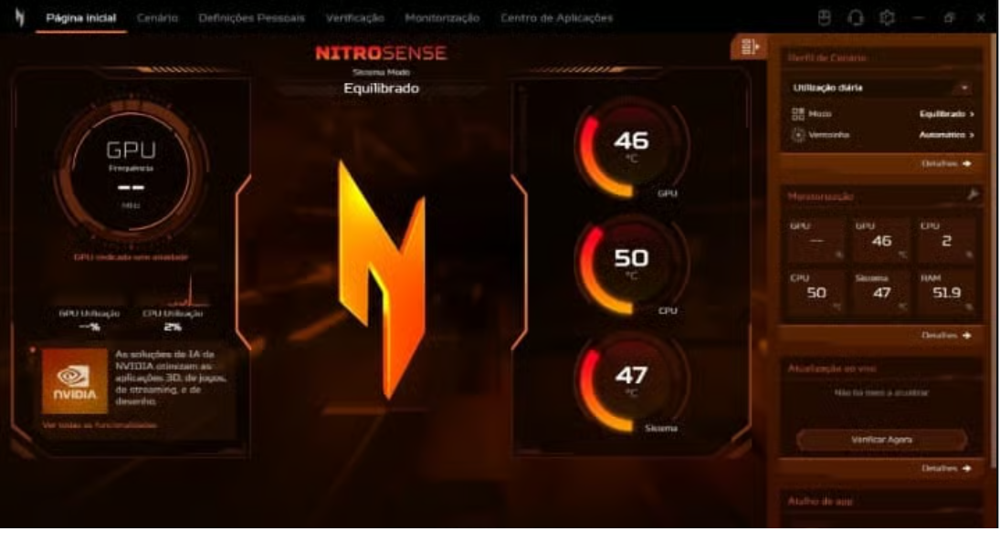 Interface de controle de temperatura acer nitro 5 no aplicativo nitrosense