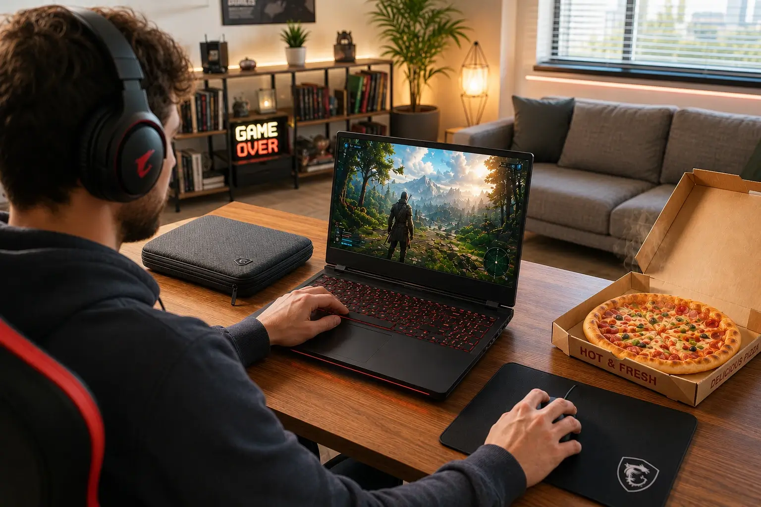 Notebook gamer Acer Nitro V15 na mesa com caixa de pizza e case personalizada de brinde.